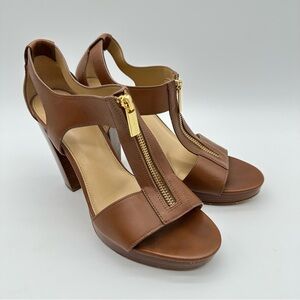 MICHAEL Michael Kors Berkley Cognac Leather T-strap Stacked Heels with Zippers